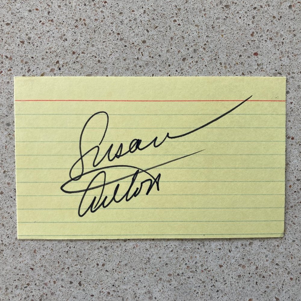 Susan Anton Signed 3”X5” Index Card Lined Broadway The Will Rogers Follies